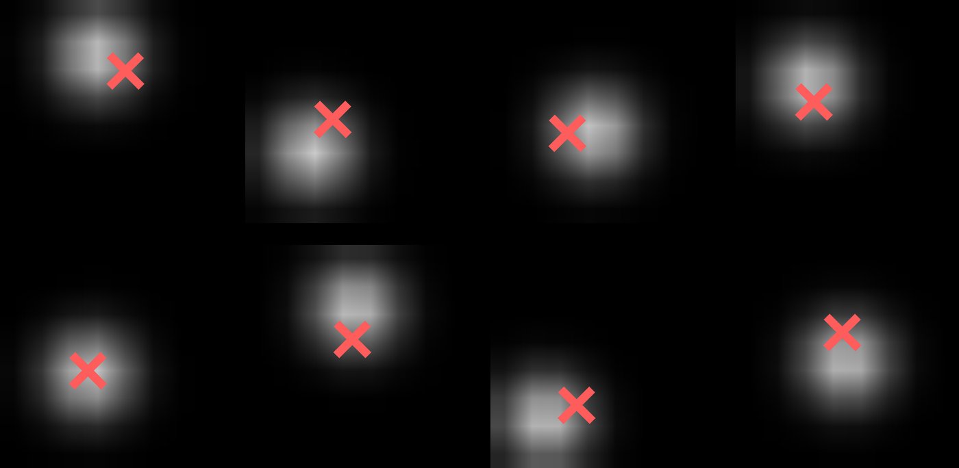 Eight tiles each containing a light blob and a red target cross