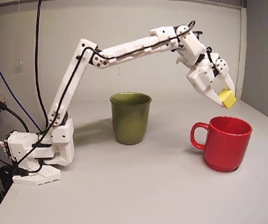 SO-101 arm sorting a coloured cube into a red or green cup